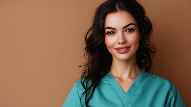 Confident healthcare worker portrait. Brunette woman in teal scrubs against tan background. Professional beauty and medical concept. photo