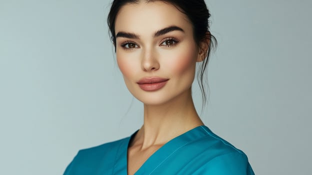Confident medical professional in teal scrubs, with a calming expression. Perfect for healthcare, wellness, and compassion visuals. photo