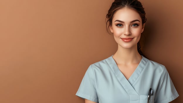 Confident healthcare professional with a warm smile, wearing medical scrubs in front of a plain brown background, embodying empathy. photo