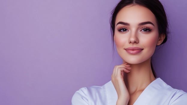Elegant woman with perfect makeup and a kind smile against a lavender background. Beauty and elegance radiate from this portrait. photo