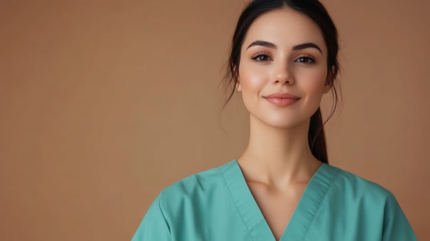 Smiling healthcare professional. Confident female doctor or nurse in scrubs, radiating expertise and compassion in a studio portrait. photo