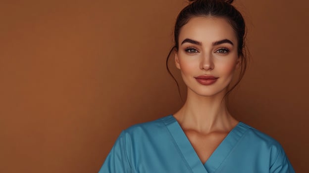 Portrait of a confident female healthcare worker in scrubs, symbolizing competence and dedication to patient care in a medical setting. photo