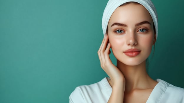 Beautiful woman with perfect skin, wearing a towel on her head, posing in front of a turquoise background. Skincare and beauty concept. photo