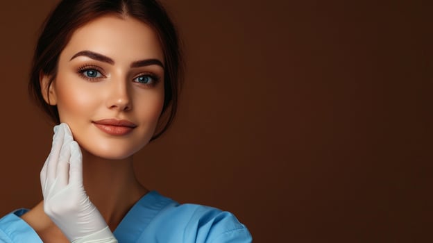 Professional nurse touching face with gloved hand, confident look, healthcare worker on brown background in blue scrubs uniform. photo