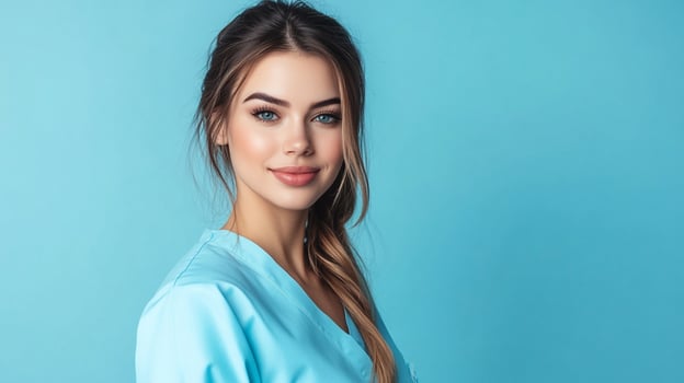 Portrait of a healthcare professional with a gentle smile against a serene light blue background, radiating positivity and competence. photo