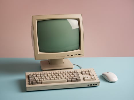 Vintage computer setup with beige monitor, keyboard, and mouse on a pastel blue surface. photo