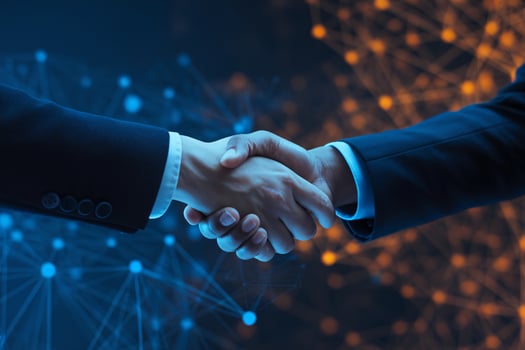 Two business professionals shake hands, symbolizing partnership and collaboration in a digital world. photo
