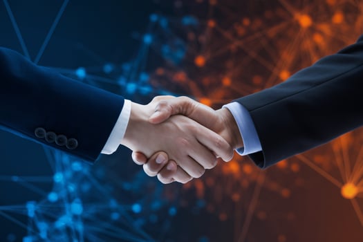 Two businessmen shaking hands against a digital backdrop, symbolizing partnership and cooperation. photo