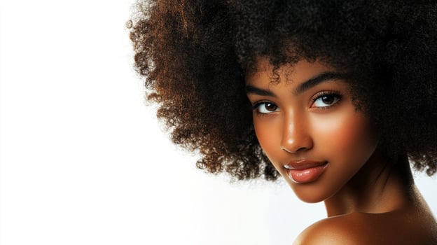 Stunning portrait of a woman with natural hair, flawless skin, and captivating eyes, set against a clean backdrop. photo