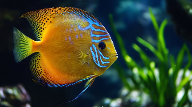 Radiant discus fish swims in serene aquatic environment. Striking colors and graceful movements create a mesmerizing underwater spectacle. photo