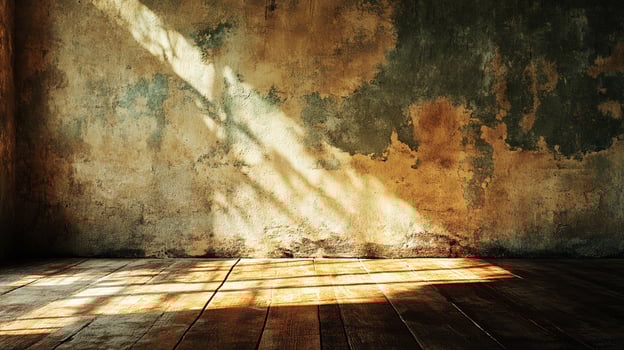 Sunlight streaming through the window illuminates a rustic room, showcasing aged walls and a weathered wooden floor, creating a warm ambiance. photo