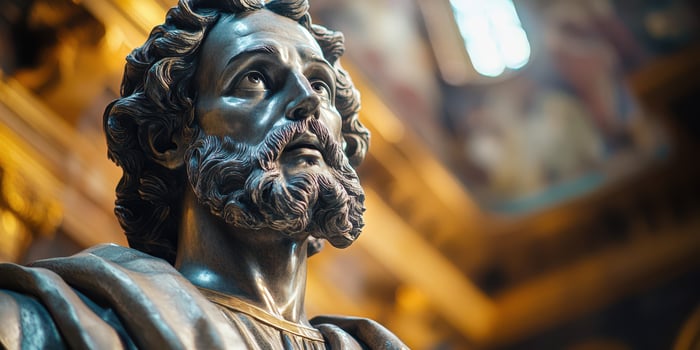 Majestic statue of a bearded figure looking upwards in a grand architectural setting with intricate detailing photo