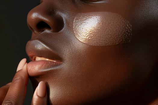 Close-up of black woman applying moisturizing skincare cream to her face under eyes photo