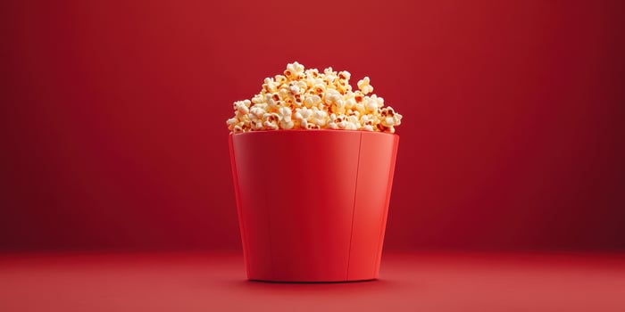 Freshly popped popcorn in a bright red container against a vivid red background creates a striking visual appeal photo