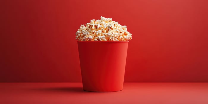 Popcorn in a vibrant red cup against a bold red background creates a striking visual appeal photo