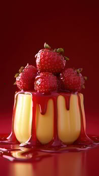 Delicious dessert featuring creamy pudding topped with fresh strawberries and fruity sauce against a vibrant red background photo