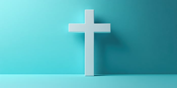 Modern white cross displayed against a turquoise background in a minimalistic setting for thematic decoration photo