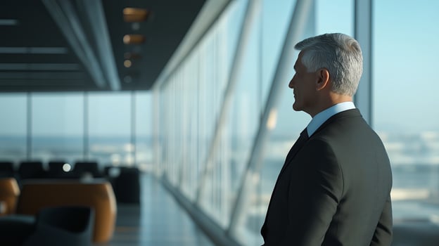 A man in a suit looking out a window photo