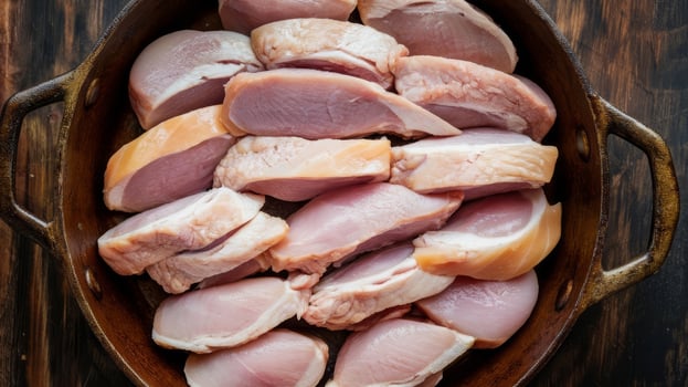 Raw chicken in a pan on a wooden table photo