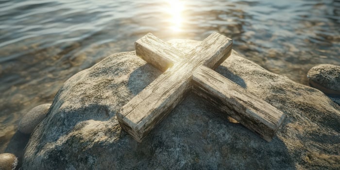 Wooden cross rests on a stone in calm waters during sunset, reflecting light beautifully photo