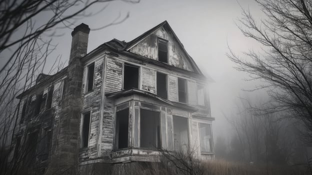 An old abandoned house in the fog photo