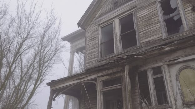 An old abandoned house in the fog photo