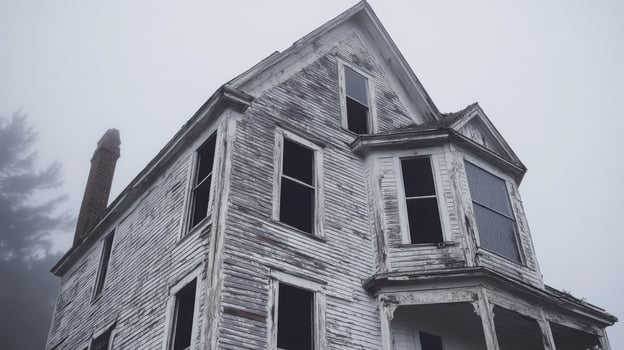 An old abandoned house in the fog photo