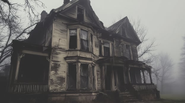 An old abandoned house in the fog photo