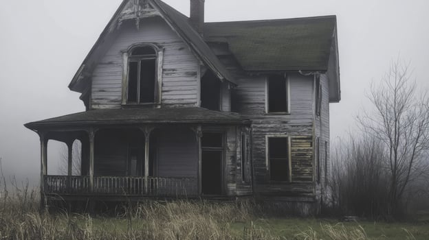 An old abandoned house in the fog photo