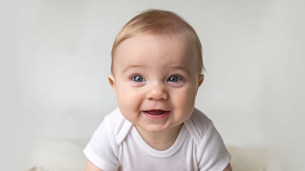 A baby smiling while laying on a blanket photo