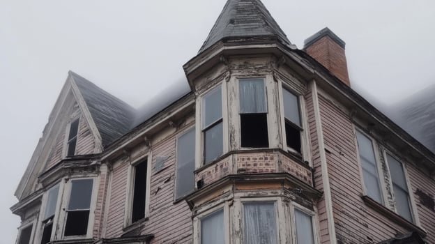 An old victorian house with a foggy sky photo