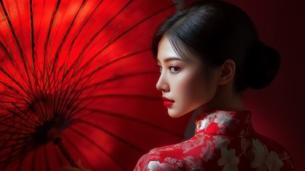 Elegant Asian woman in a red dress holding a traditional Chinese umbrella photo