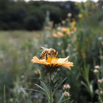 A bee is on a yellow flower in a field photo