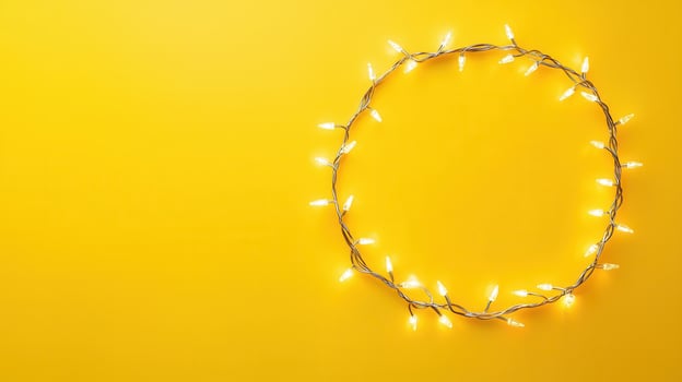 Christmas lights illuminating white creating oval frame on light yellow background, perfect for winter holidays greeting card photo