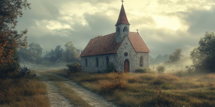 Misty morning at an old stone church surrounded by serene landscape in a rural setting photo