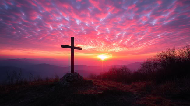 Cross Silhouette at Sunrise. Christian Symbol. Faith Hope. Peaceful Scene. Beautiful Sky. Religious Image. Cross on Hill. Worship Place. photo