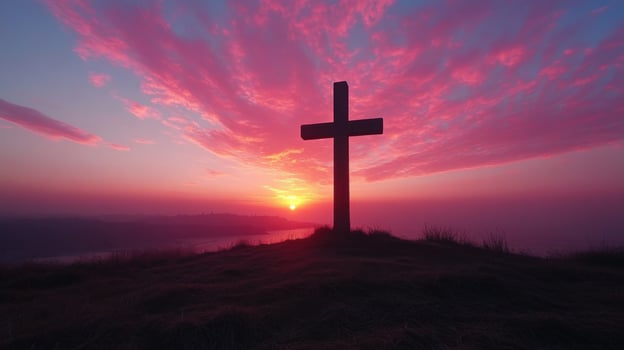 Christian cross on hill with sunrise. Beautiful pink sky. Morning landscape with cross. Religion and faith concept. Scenic outdoor view. photo