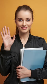 A woman holding a folder and waving photo
