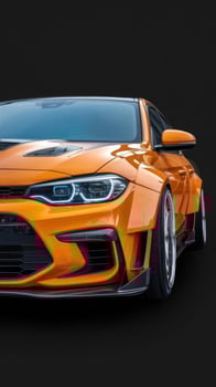 Front headlights of orange modify car on black background copy space photo