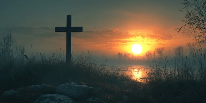 Cross silhouette against a misty sunrise over a tranquil wetland reflecting the warm colors of dawn photo