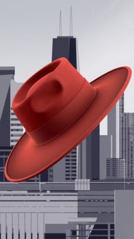 A red hat is flying over a city photo