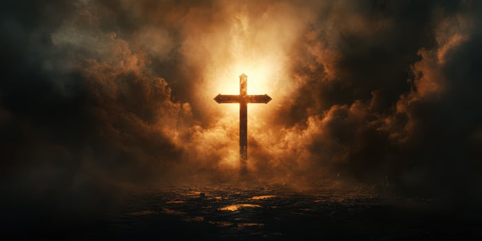 Spiritual cross illuminated by radiant light amidst dark clouds during twilight photo