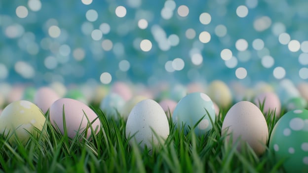 A row of pastel-painted Easter eggs placed on lush green grass, with a dreamy bokeh background for a festive springtime feel. photo