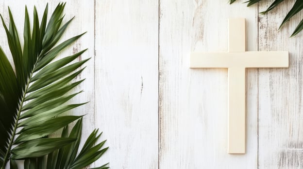 A pale wooden cross placed next to palm leaves on a white wooden background, representing Christian faith, Palm Sunday, and Easter. photo