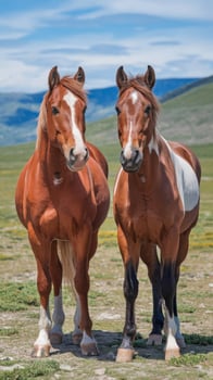 Two wild horses stand side by side looking at each other red and brown wild nature blue photo