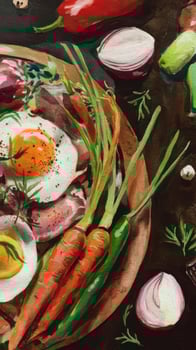 A painting of a plate of food with eggs, vegetables and other ingredients photo
