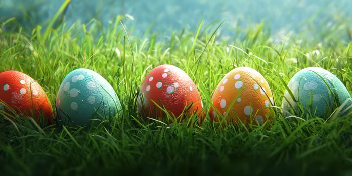 Colorful Easter eggs hidden in lush green grass during springtime celebration in a sunny outdoor setting photo