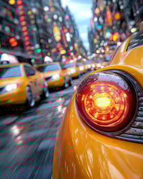 Yellow Taxi Cab Tail Light in Urban Street with Neon City Lights photo
