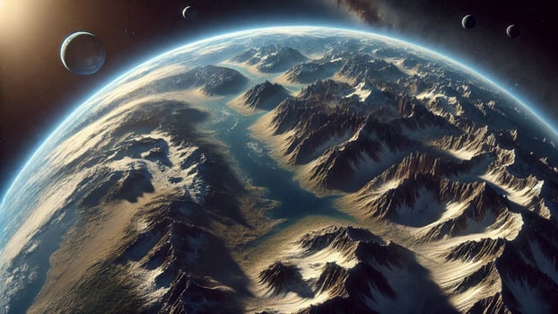 4K Realistic 3D Rendering of an Earth with Exaggerated Topography, Where Massive Mountains and Geological Features Extend, Widescreen 4K Resolution photo