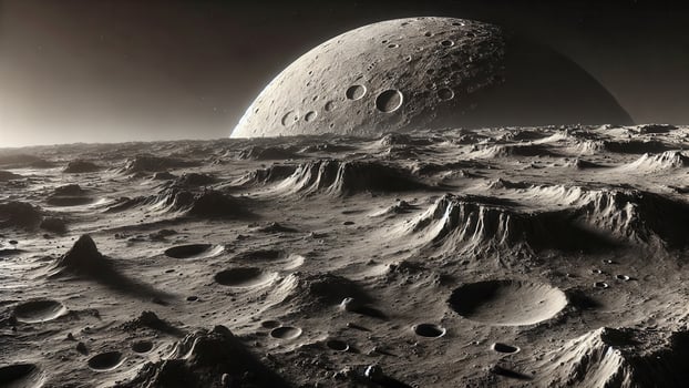 4K Realistic View of The Surface of Mercury, Rocky Landscape Is Covered in Dust and Impact Craters, Widescreen 4K Resolution photo